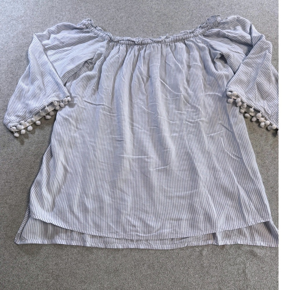 Ellen Tracy Off Shoulder Top Women Medium Blue White Striped Pom Pom Excellent